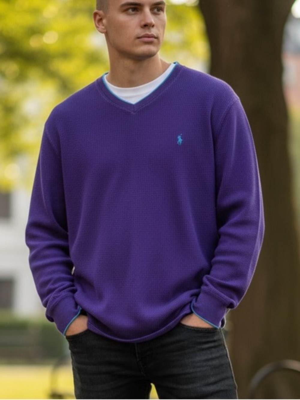 Polo Ralph Lauren Purple Waffle Knit V Neck Long Sleeve Sweater 2XL Blue Pony - Picture 2 of 3